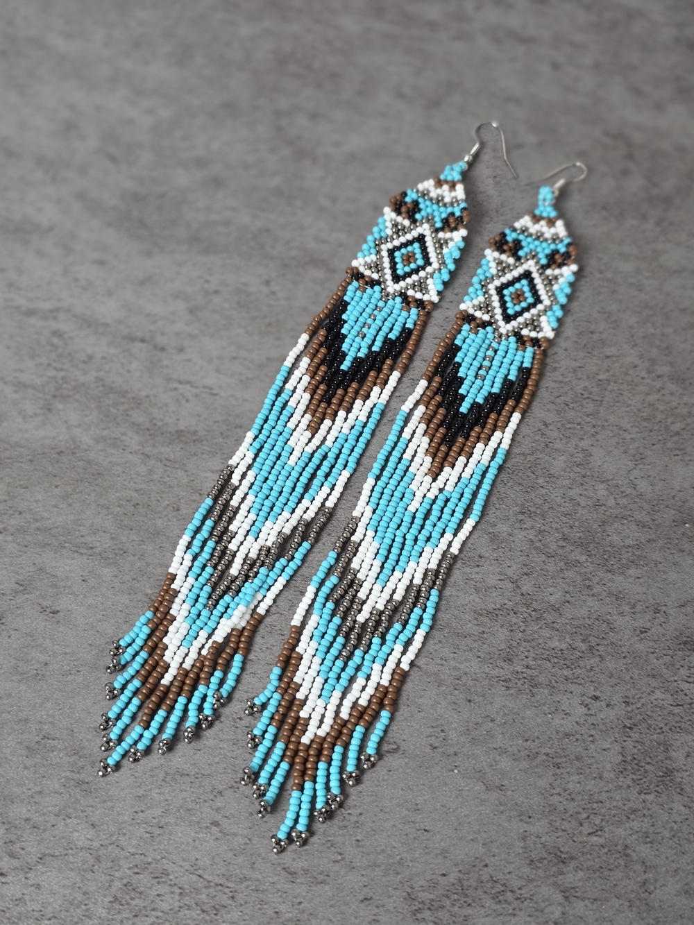 Long Southwestern Boho Beaded Fringe Earrings Handmade Blue Brown - Picture 3 of 4